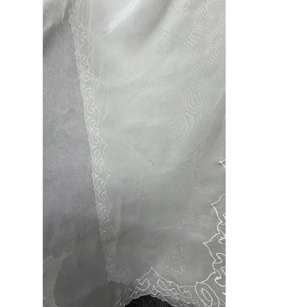 Vintage Sheer Off White Table Runner Embroidered Scalloped Edge Scrollwork 30x15